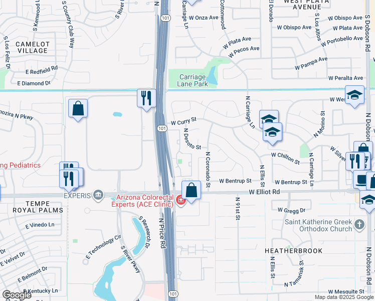 map of restaurants, bars, coffee shops, grocery stores, and more near 3315 West Desoto Street in Chandler