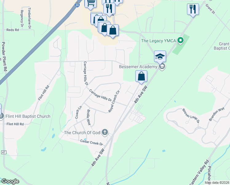 map of restaurants, bars, coffee shops, grocery stores, and more near 8 Royal Coach Circle in Bessemer