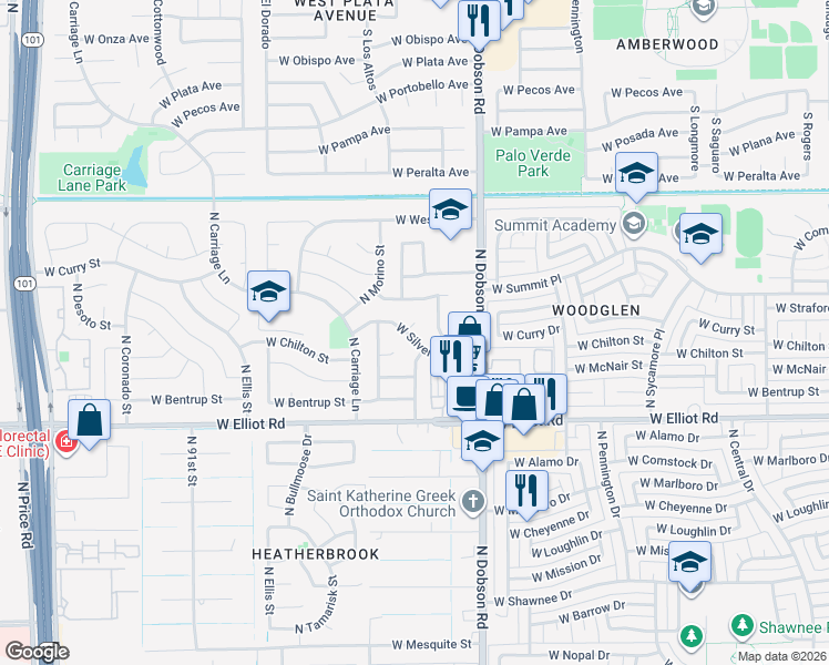 map of restaurants, bars, coffee shops, grocery stores, and more near 2110 West Silvergate Drive in Chandler