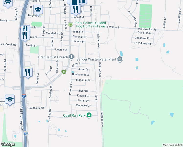 map of restaurants, bars, coffee shops, grocery stores, and more near 189 Aster Drive in Sanger