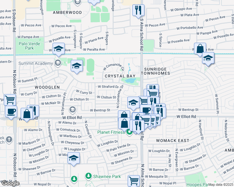 map of restaurants, bars, coffee shops, grocery stores, and more near 3206 North Comanche Drive in Chandler