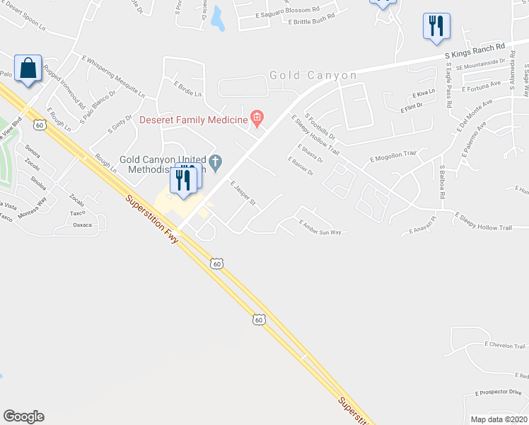 map of restaurants, bars, coffee shops, grocery stores, and more near 6889 South Russet Sky Way in Gold Canyon