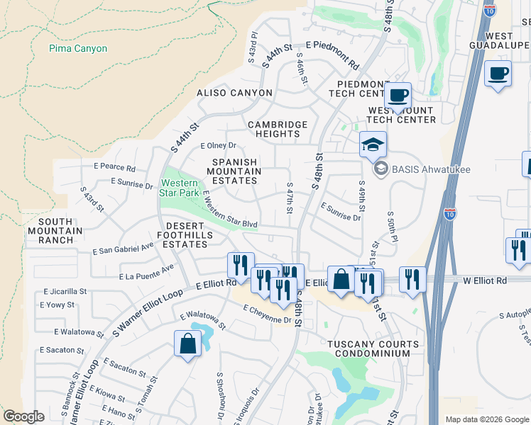 map of restaurants, bars, coffee shops, grocery stores, and more near 10435 South 46th Street in Phoenix