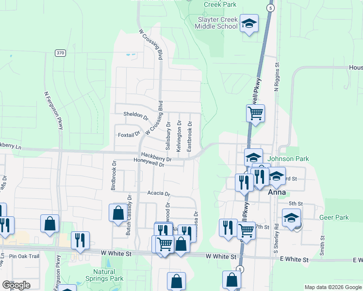 map of restaurants, bars, coffee shops, grocery stores, and more near 213 Eastbrook Drive in Anna