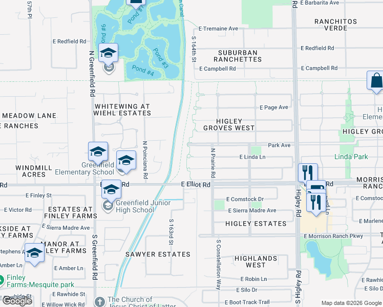 map of restaurants, bars, coffee shops, grocery stores, and more near 2800 East Linda Court in Gilbert