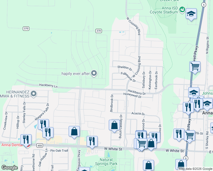 map of restaurants, bars, coffee shops, grocery stores, and more near 201 Bankhurst Drive in Anna