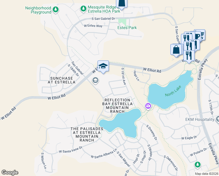 map of restaurants, bars, coffee shops, grocery stores, and more near 10280 South 182nd Drive in Goodyear