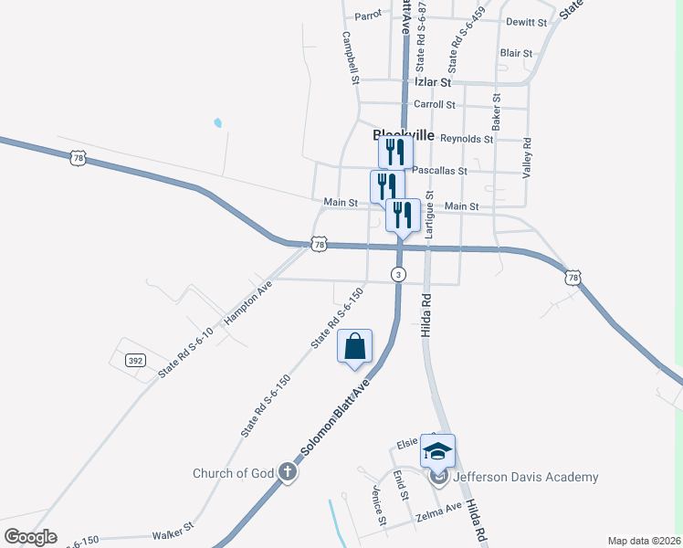 map of restaurants, bars, coffee shops, grocery stores, and more near 223 South Boundary Street in Blackville