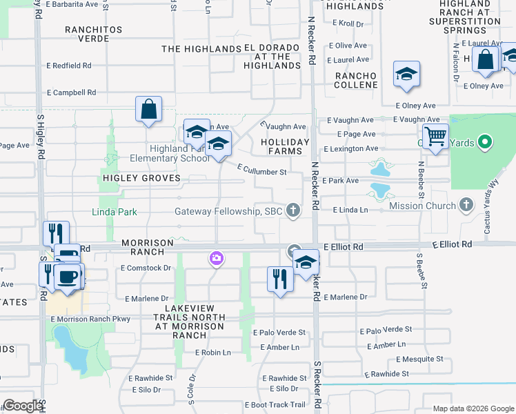 map of restaurants, bars, coffee shops, grocery stores, and more near 3841 East Bruce Avenue in Gilbert