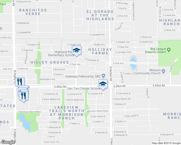 map of restaurants, bars, coffee shops, grocery stores, and more near 3841 East Bruce Avenue in Gilbert