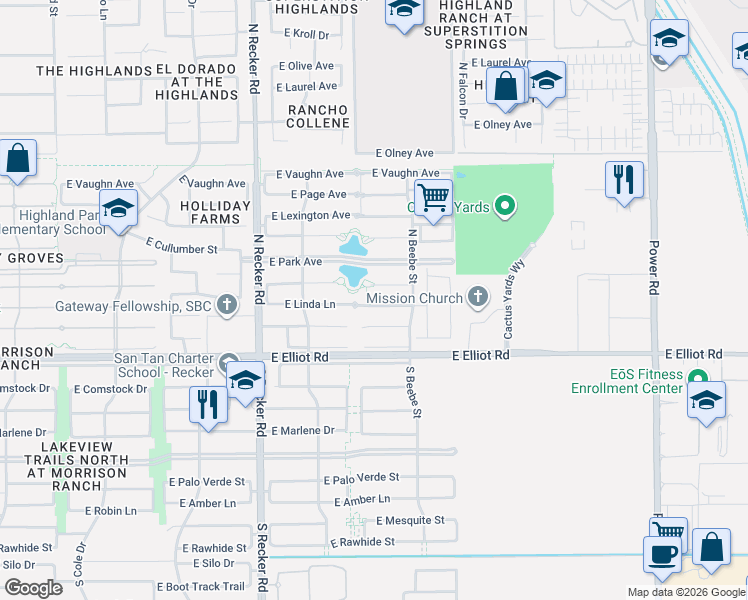 map of restaurants, bars, coffee shops, grocery stores, and more near 4252 East Linda Lane in Gilbert