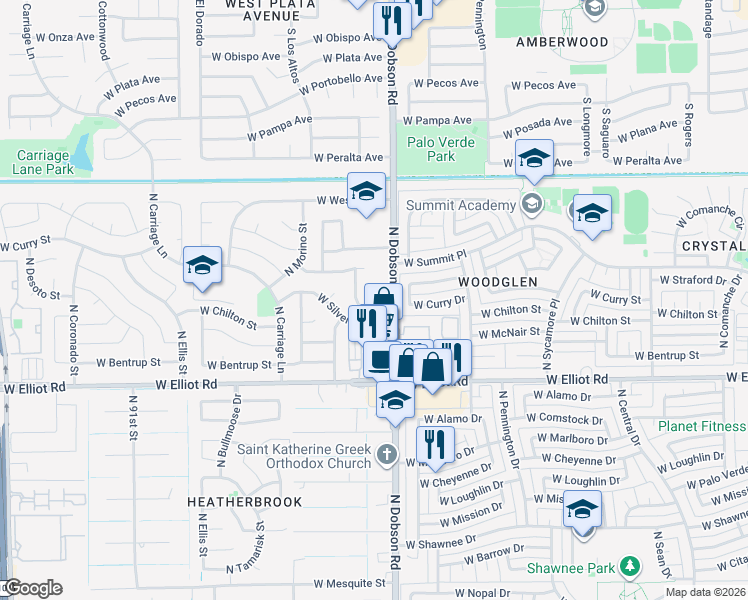 map of restaurants, bars, coffee shops, grocery stores, and more near 3208 North Santa Anna Street in Chandler