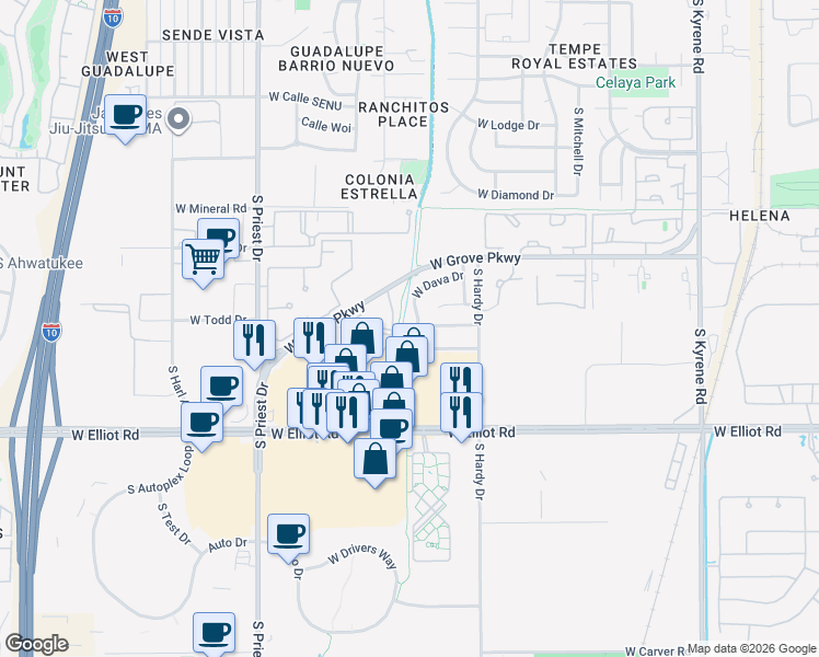 map of restaurants, bars, coffee shops, grocery stores, and more near 7252 South Roberts Road in Tempe