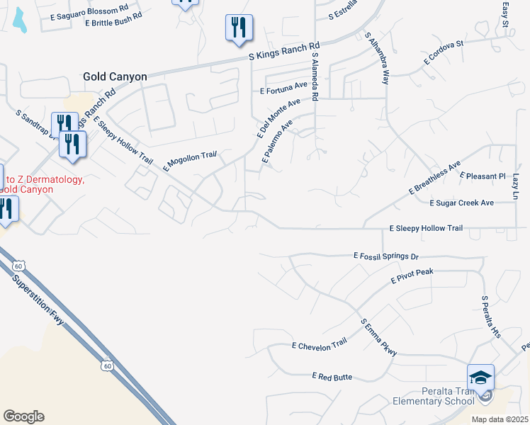 map of restaurants, bars, coffee shops, grocery stores, and more near 9736 East Sleepy Hollow Trail in Gold Canyon