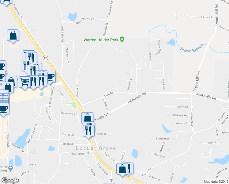 map of restaurants, bars, coffee shops, grocery stores, and more near 114 Club Drive in Locust Grove