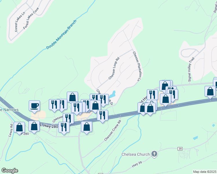 map of restaurants, bars, coffee shops, grocery stores, and more near 157 Chesser Reserve Drive in Chelsea