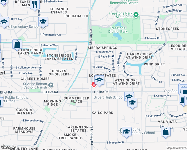 map of restaurants, bars, coffee shops, grocery stores, and more near 130 North Heritage Drive in Gilbert