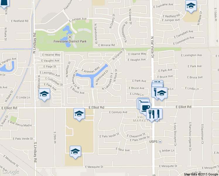 map of restaurants, bars, coffee shops, grocery stores, and more near 1301 East Park Avenue in Gilbert