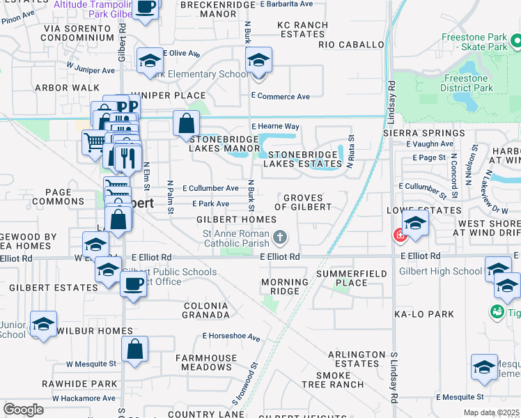 map of restaurants, bars, coffee shops, grocery stores, and more near 406 East Bruce Avenue in Gilbert