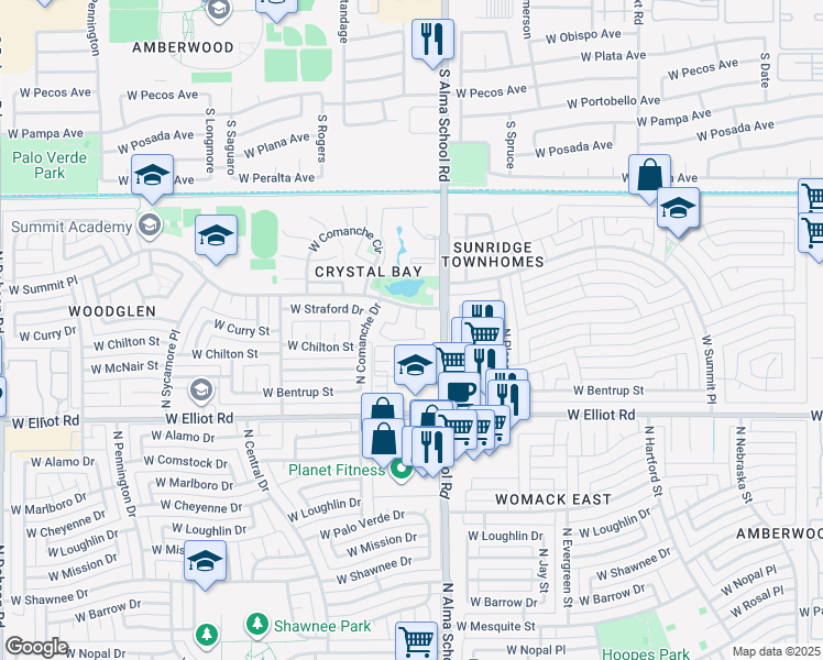 map of restaurants, bars, coffee shops, grocery stores, and more near Unnamed Road in Chandler