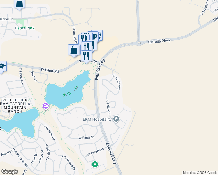 map of restaurants, bars, coffee shops, grocery stores, and more near 17540 West Canyon Lane in Goodyear