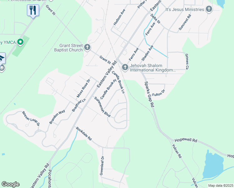 map of restaurants, bars, coffee shops, grocery stores, and more near 5112 Candlebrook Terrace in Bessemer