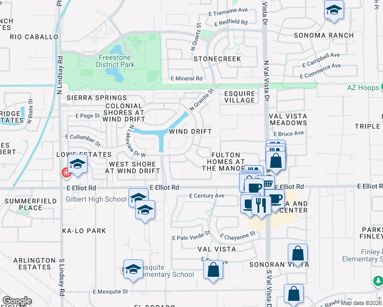 map of restaurants, bars, coffee shops, grocery stores, and more near 1301 East Park Avenue in Gilbert