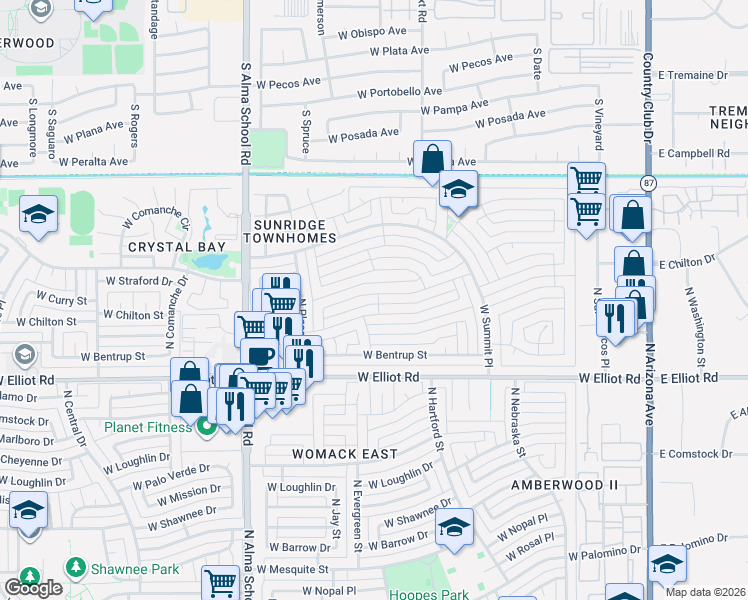 map of restaurants, bars, coffee shops, grocery stores, and more near 701 West Chilton Street in Chandler