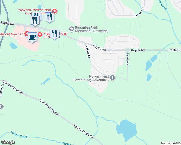 map of restaurants, bars, coffee shops, grocery stores, and more near 153 Yeager Road in Newnan