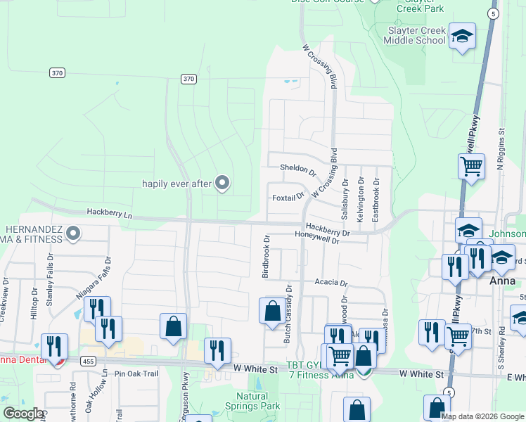 map of restaurants, bars, coffee shops, grocery stores, and more near 201 Bankhurst Drive in Anna