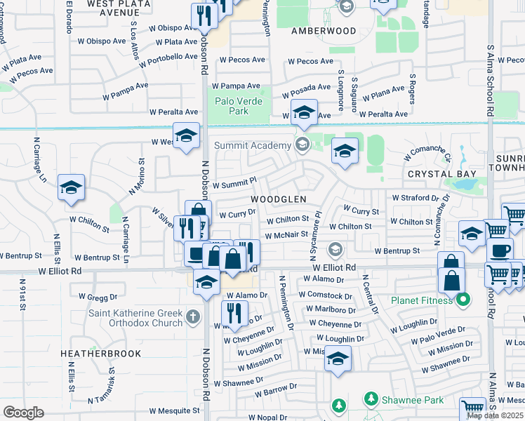 map of restaurants, bars, coffee shops, grocery stores, and more near 3105 North Pennington Drive in Chandler
