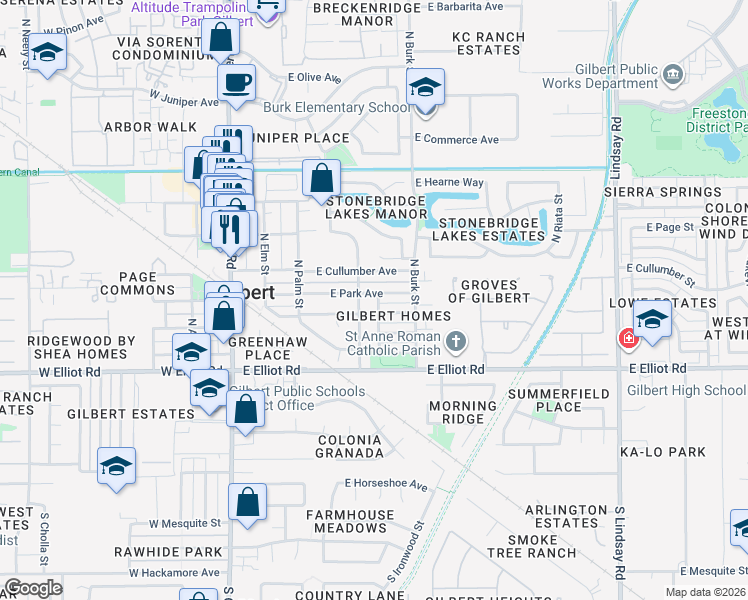 map of restaurants, bars, coffee shops, grocery stores, and more near in Gilbert