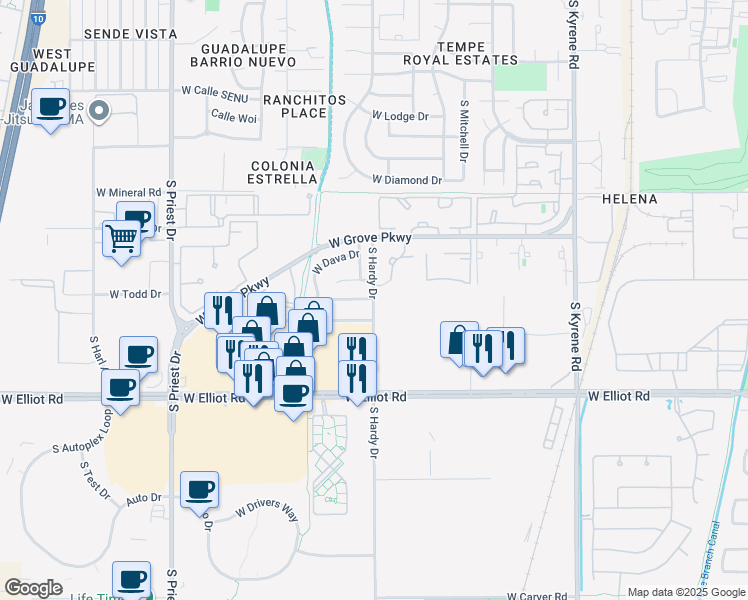 map of restaurants, bars, coffee shops, grocery stores, and more near 7453 South Hardy Drive in Tempe