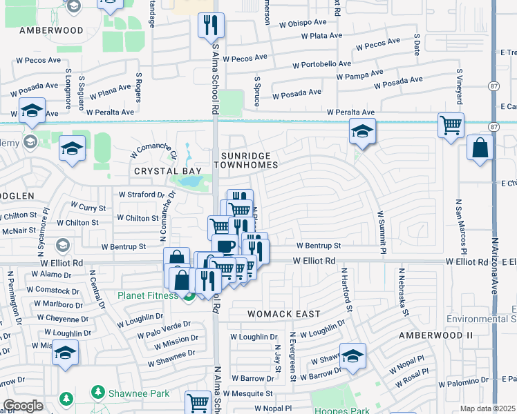 map of restaurants, bars, coffee shops, grocery stores, and more near 3125 N Pleasant Dr in Chandler