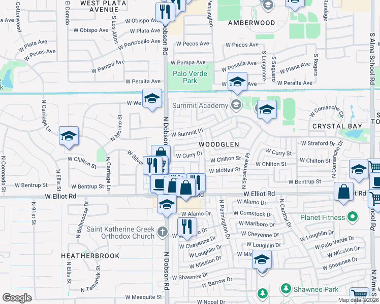 map of restaurants, bars, coffee shops, grocery stores, and more near 1816 West Curry Drive in Chandler