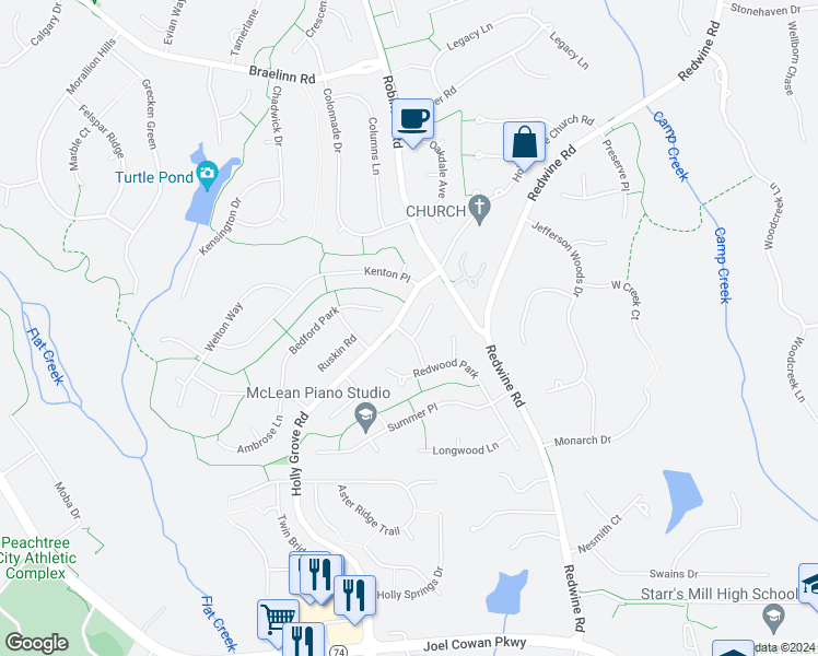 map of restaurants, bars, coffee shops, grocery stores, and more near 100 Linden Lane in Peachtree City