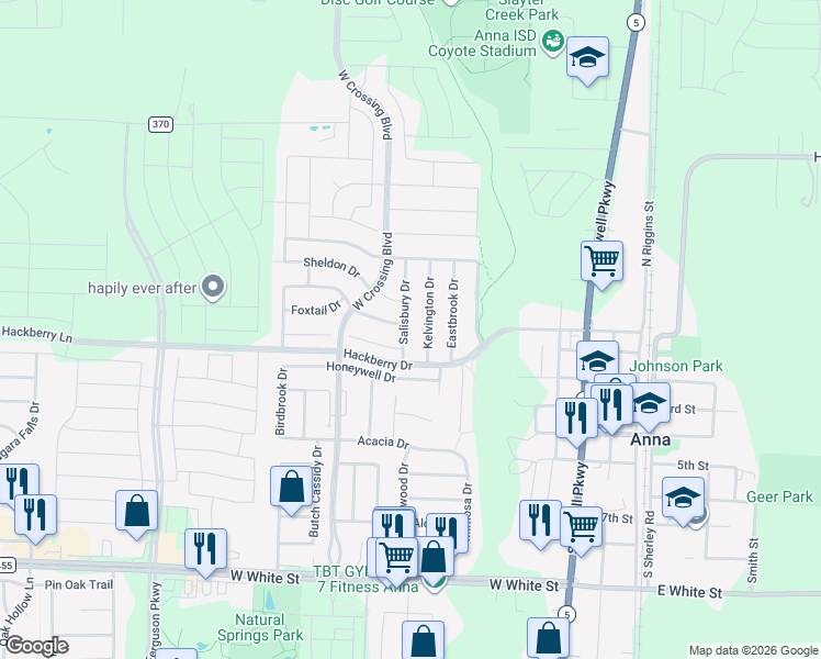 map of restaurants, bars, coffee shops, grocery stores, and more near 216 Salisbury Drive in Anna