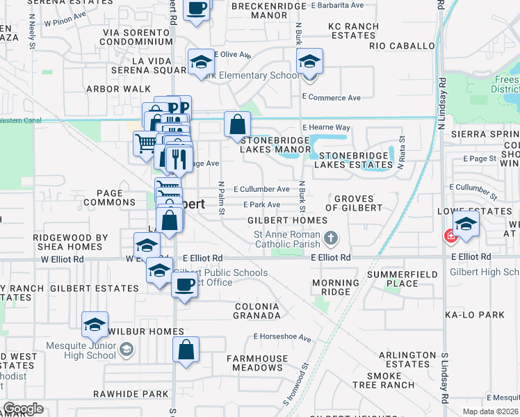 map of restaurants, bars, coffee shops, grocery stores, and more near 255 East Park Avenue in Gilbert