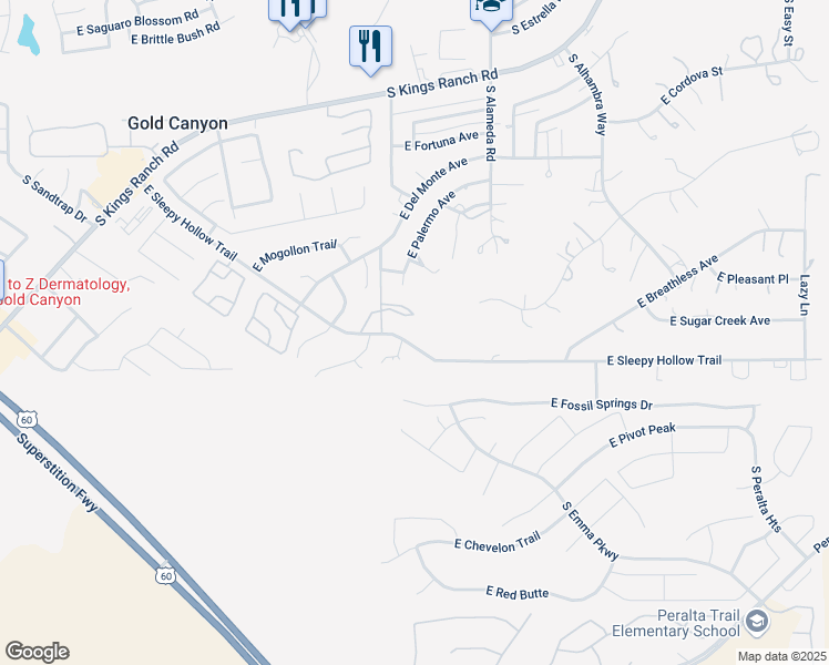map of restaurants, bars, coffee shops, grocery stores, and more near 9736 East Sleepy Hollow Trail in Gold Canyon