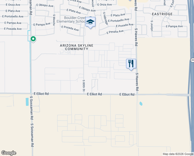 map of restaurants, bars, coffee shops, grocery stores, and more near 8018 East Elliot Road in Mesa