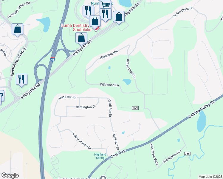 map of restaurants, bars, coffee shops, grocery stores, and more near 277 Wildwood Ln in Indian Springs Village