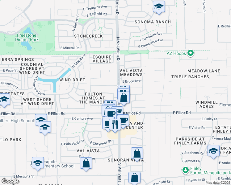map of restaurants, bars, coffee shops, grocery stores, and more near 119 North Redrock Street in Gilbert