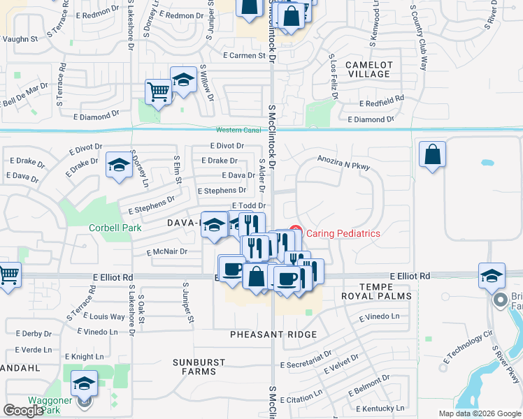 map of restaurants, bars, coffee shops, grocery stores, and more near 1757 East Todd Drive in Tempe