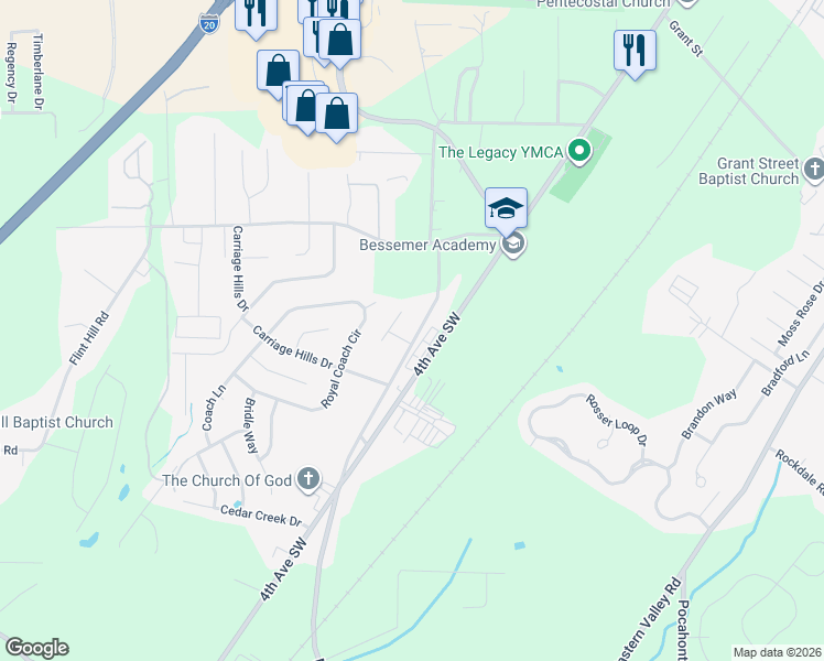 map of restaurants, bars, coffee shops, grocery stores, and more near 322 McCalla Rd in Bessemer