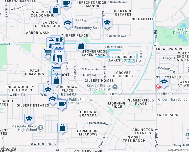 map of restaurants, bars, coffee shops, grocery stores, and more near in Gilbert