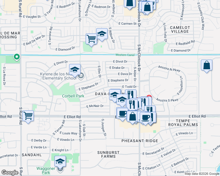 map of restaurants, bars, coffee shops, grocery stores, and more near 1525 East Todd Drive in Tempe