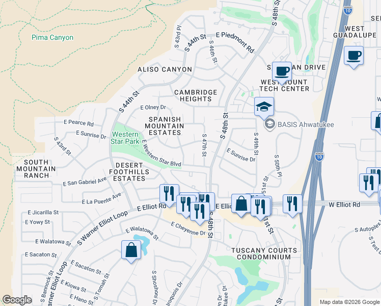 map of restaurants, bars, coffee shops, grocery stores, and more near 10435 South 46th Street in Phoenix