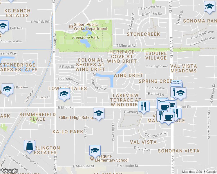 map of restaurants, bars, coffee shops, grocery stores, and more near 1131 East Southshore Drive in Gilbert