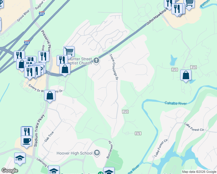 map of restaurants, bars, coffee shops, grocery stores, and more near 5218 Overland Trce in Birmingham
