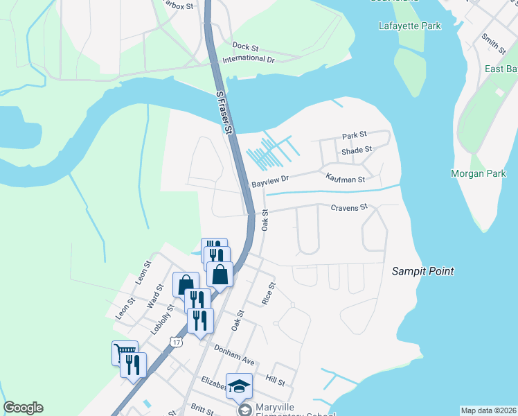 map of restaurants, bars, coffee shops, grocery stores, and more near 1413 South Fraser Street in Georgetown